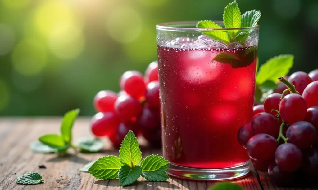 Copo de suco de uva com hortelã fresco e convidativo.