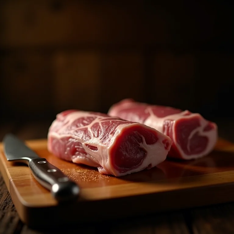 Cortes nobres de carne de porco em tábua rústica