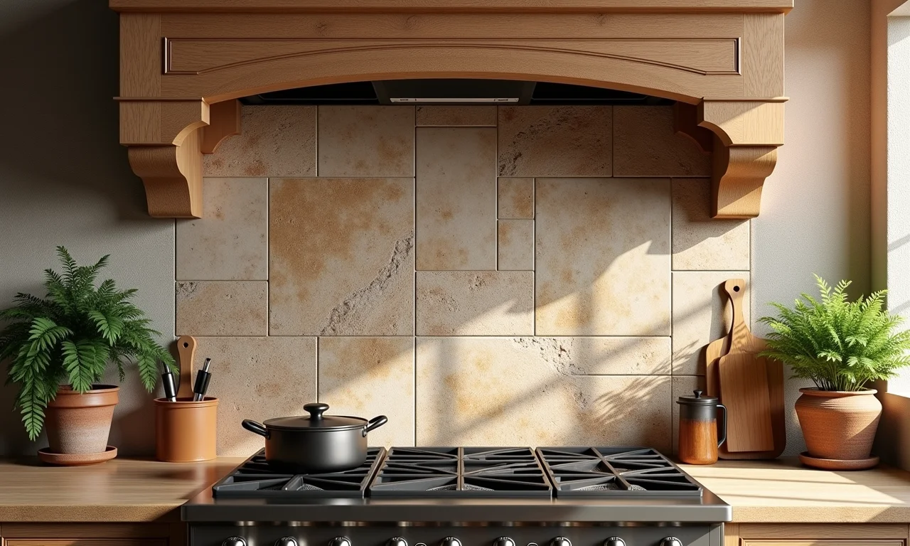 Cozinha com backsplash de pedras naturais, estilo brasileiro e iluminação natural.