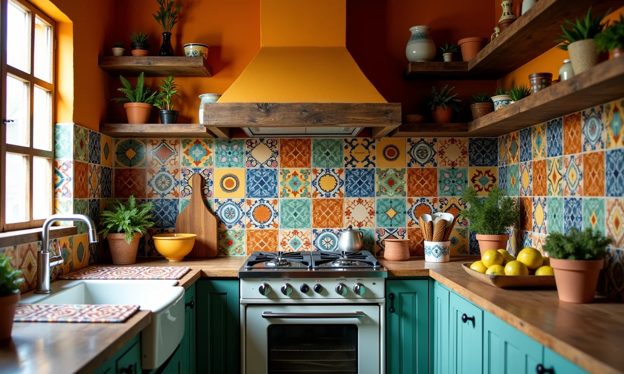 Cozinha com cerâmica artesanal, padrões únicos, estilo brasileiro e luz natural.