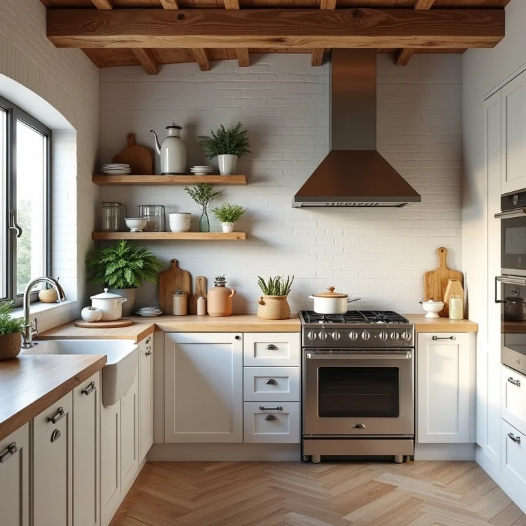 Cozinha com cerâmica rústica.