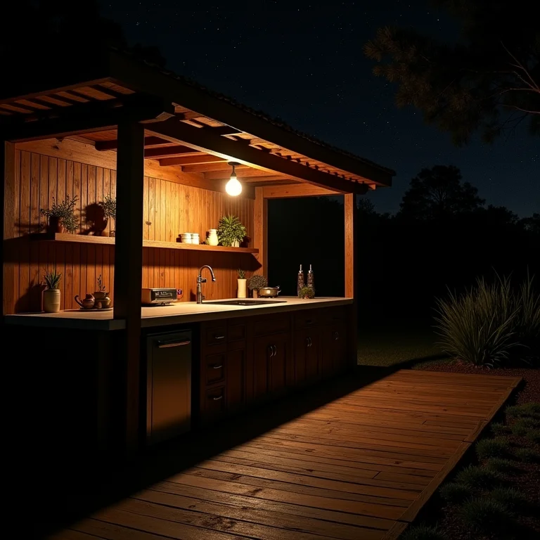 Cozinha externa com iluminação inadequada à noite.