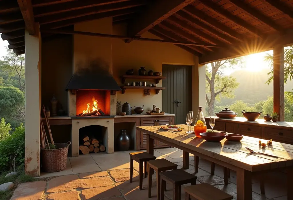 Cozinha externa rústica com fogão a lenha e mesa posta.