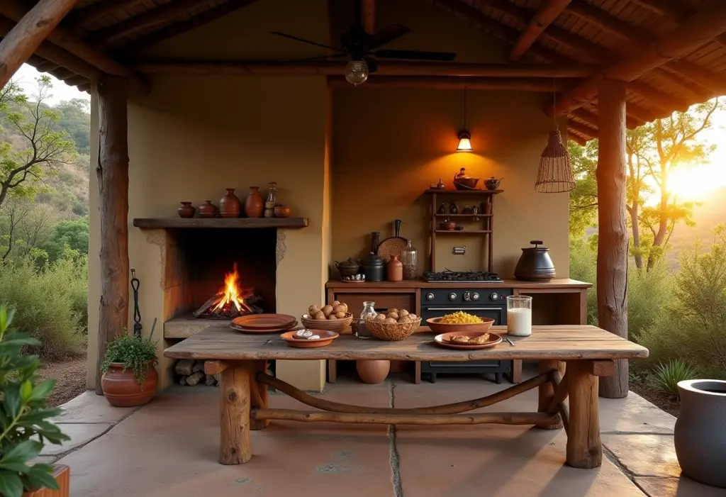 Cozinha externa rústica com fogão a lenha e mesa posta em Minas Gerais