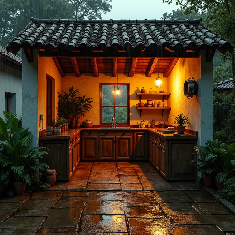 Cozinha externa sem cobertura, exposta à chuva.