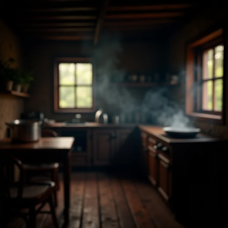 Cozinha externa sem ventilação, cheia de fumaça.