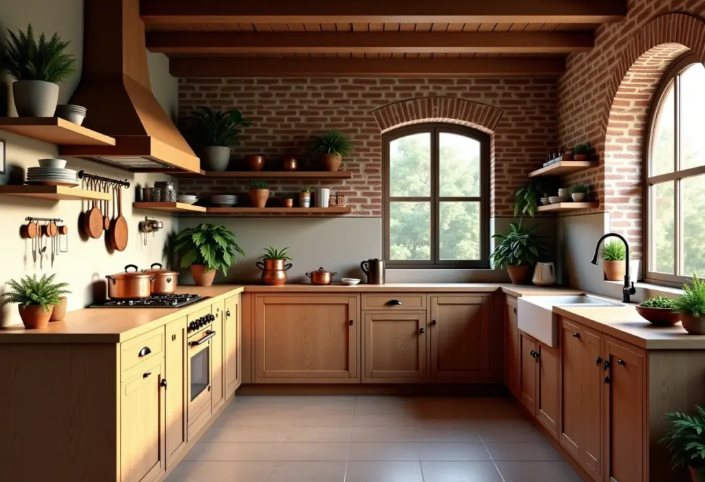 Cozinha rústica charmosa com decoração em madeira e detalhes em cobre.