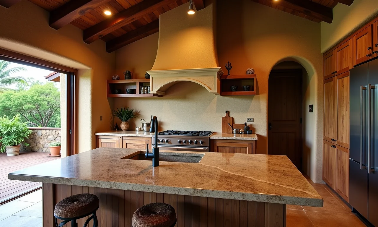 Cozinha rústica com bancada de pedra natural, granito ou mármore, estilo brasileiro.