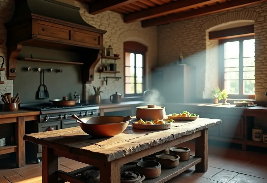 Cozinha rústica com decoração em madeira e tijolos aparentes.