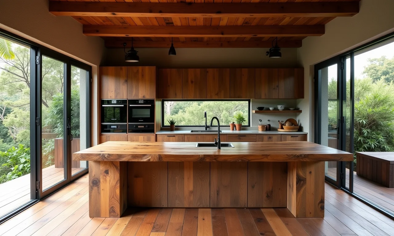 Cozinha rústica com ilha de madeira de demolição, tons quentes e luz natural.