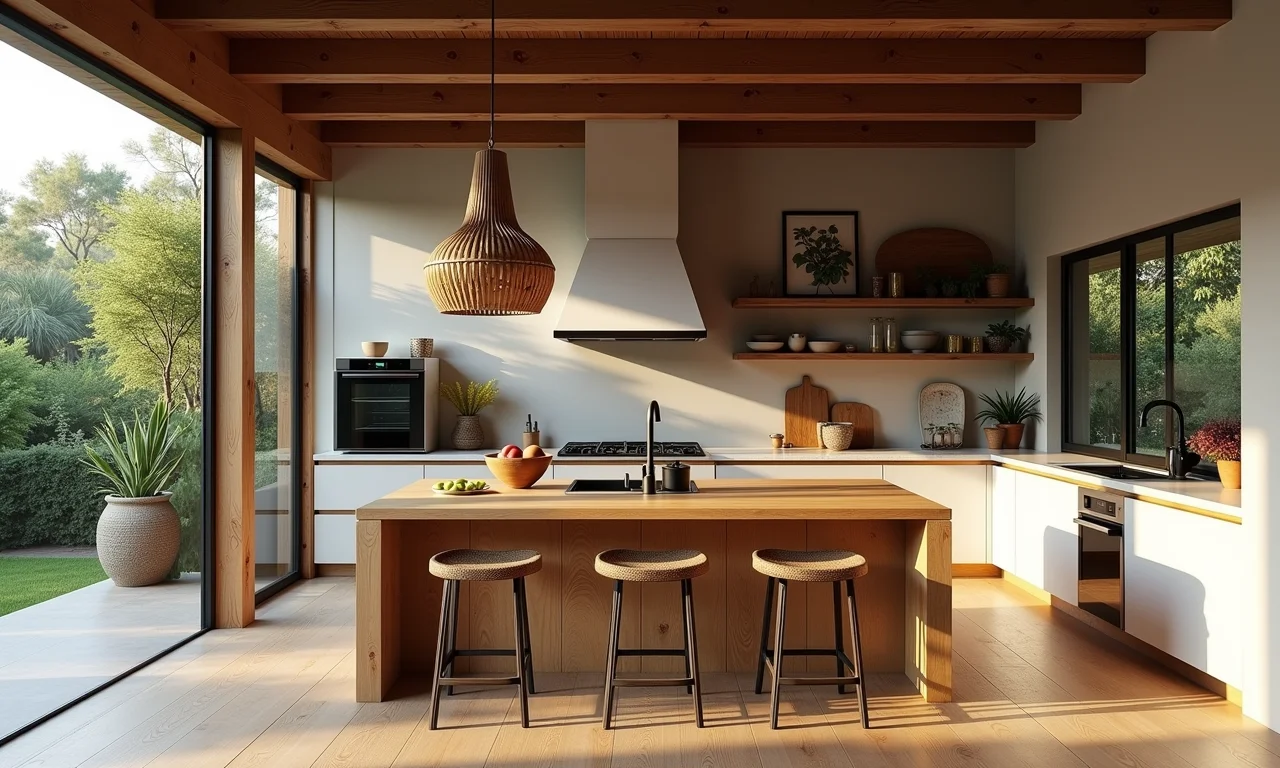 Cozinha rústica combinada com elementos modernos, design brasileiro e espaço aberto.