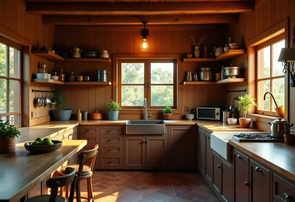 Cozinha rústica decorada com elementos naturais e aconchegantes.