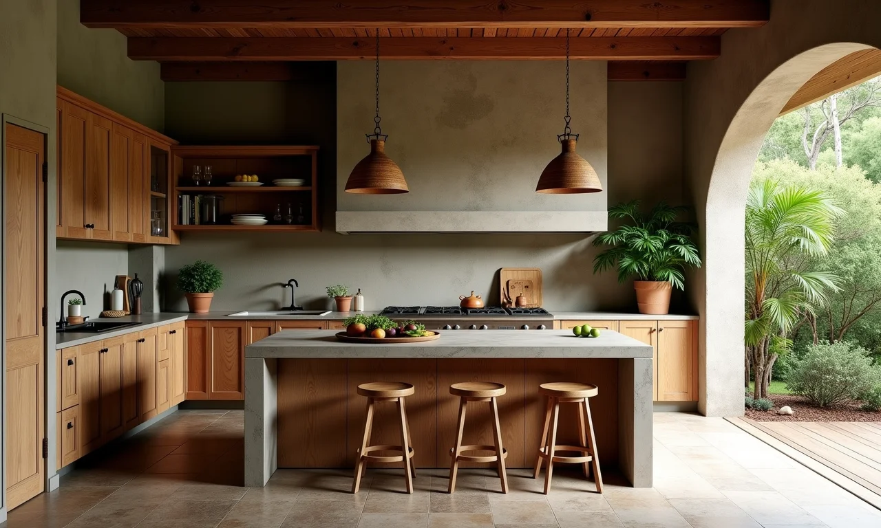 Cozinha rústica em área úmida com materiais à prova d'água, estilo brasileiro.