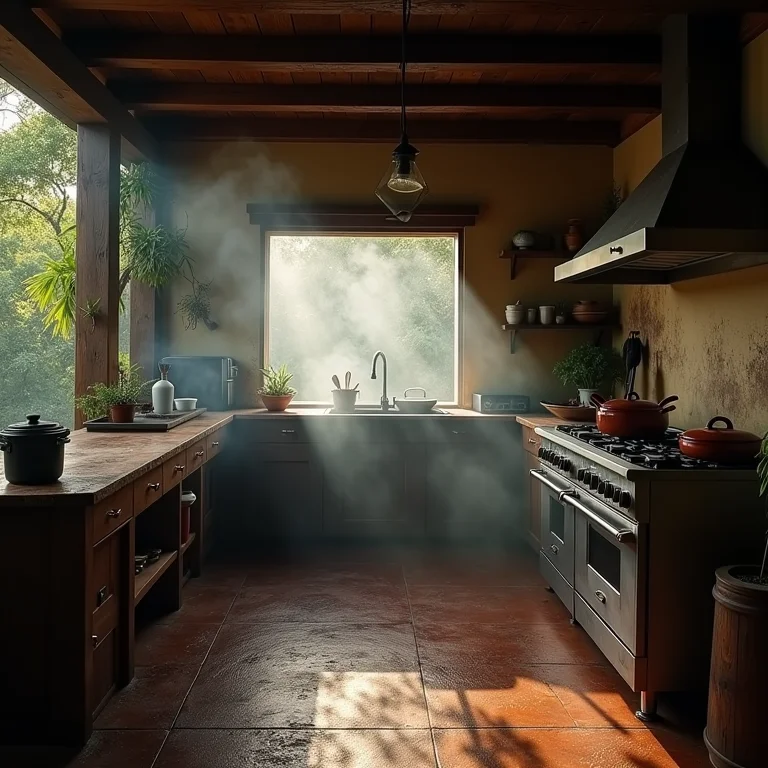 Cozinha rústica externa com fumaça acumulada devido à falta de ventilação.