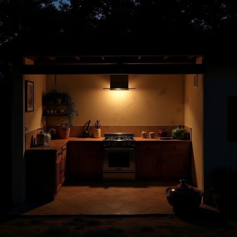 Cozinha rústica externa com iluminação precária durante a noite.