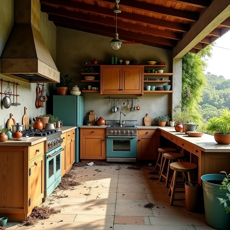 Cozinha rústica externa desorganizada com falta de espaço de armazenamento.