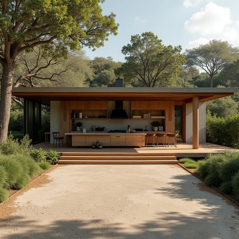 Cozinha rústica externa isolada da natureza, sem integração com o ambiente ao redor.