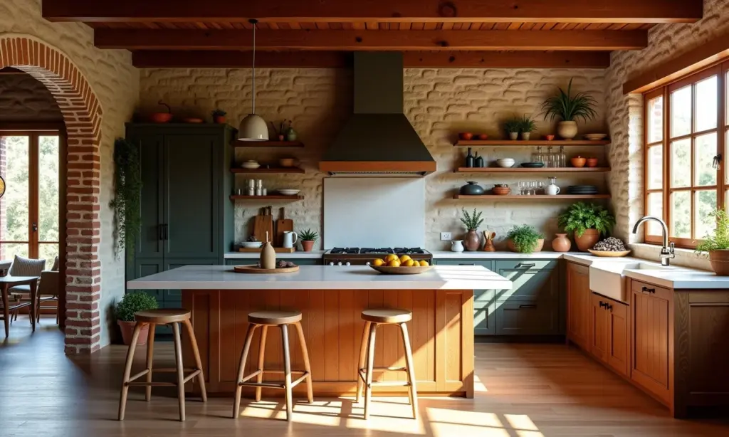 Cozinha rústica mineira com tijolos de demolição, pedras naturais e madeira. Decoração vibrante e aconchegante.