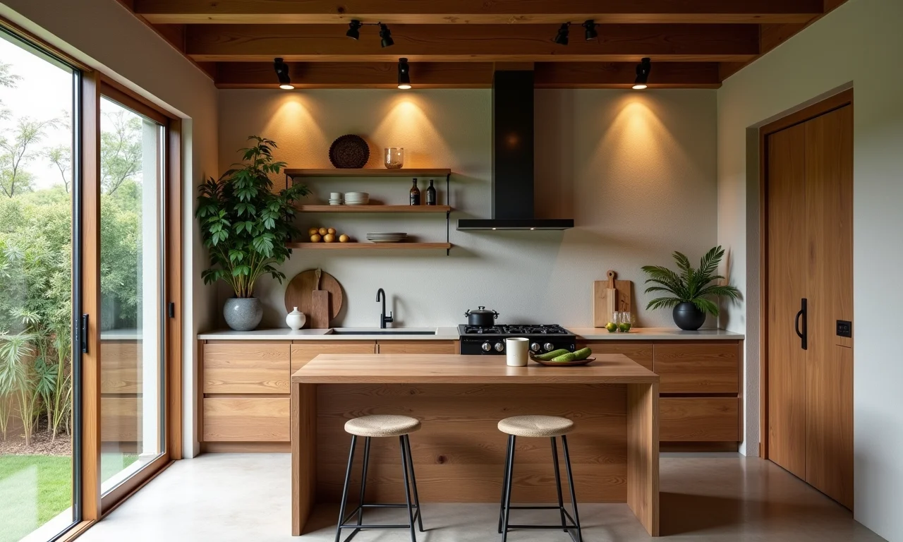 Cozinha sustentável com revestimento Santa Luzia, design ecológico e rústico moderno.