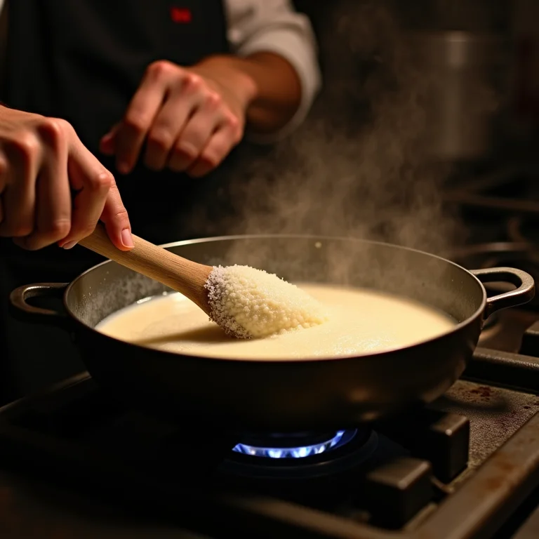 Cozinheiro controlando o ponto do amido para o manjar perfeito.