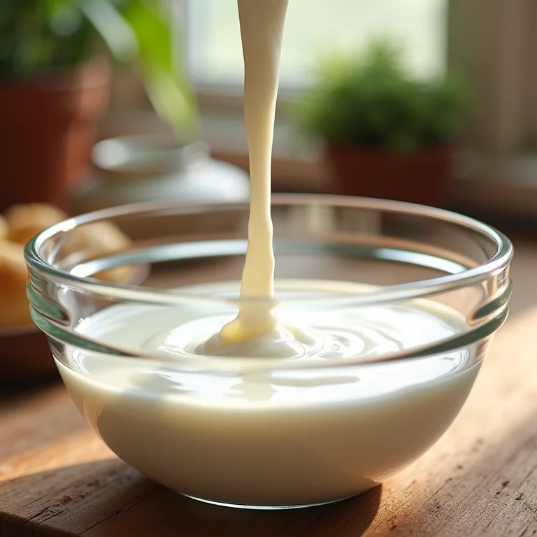 Creme de leite fresco sendo despejado em uma tigela de vidro.
