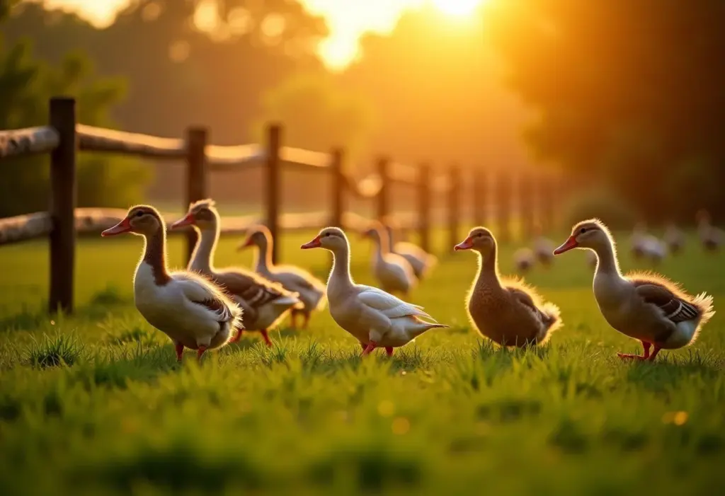 Criação de patos felizes em um sítio ensolarado.