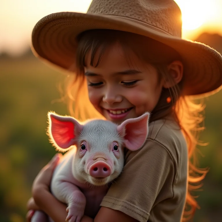 Criança abraçando mini porco vietnamita