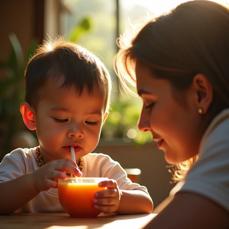 Criança tomando chá de goiaba com hortelã