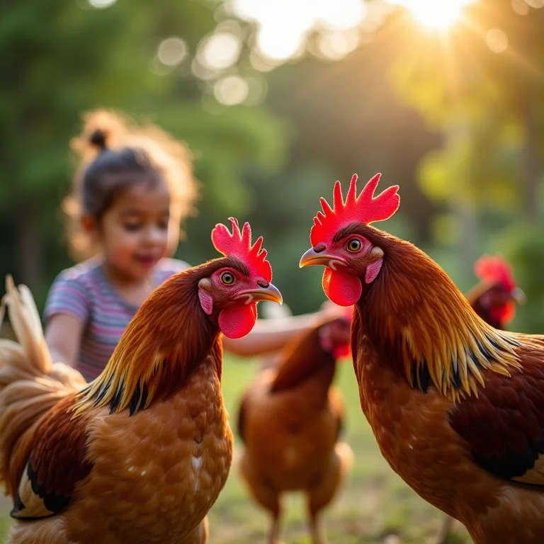 Crianças brincando com galinhas ornamentais em um jardim.