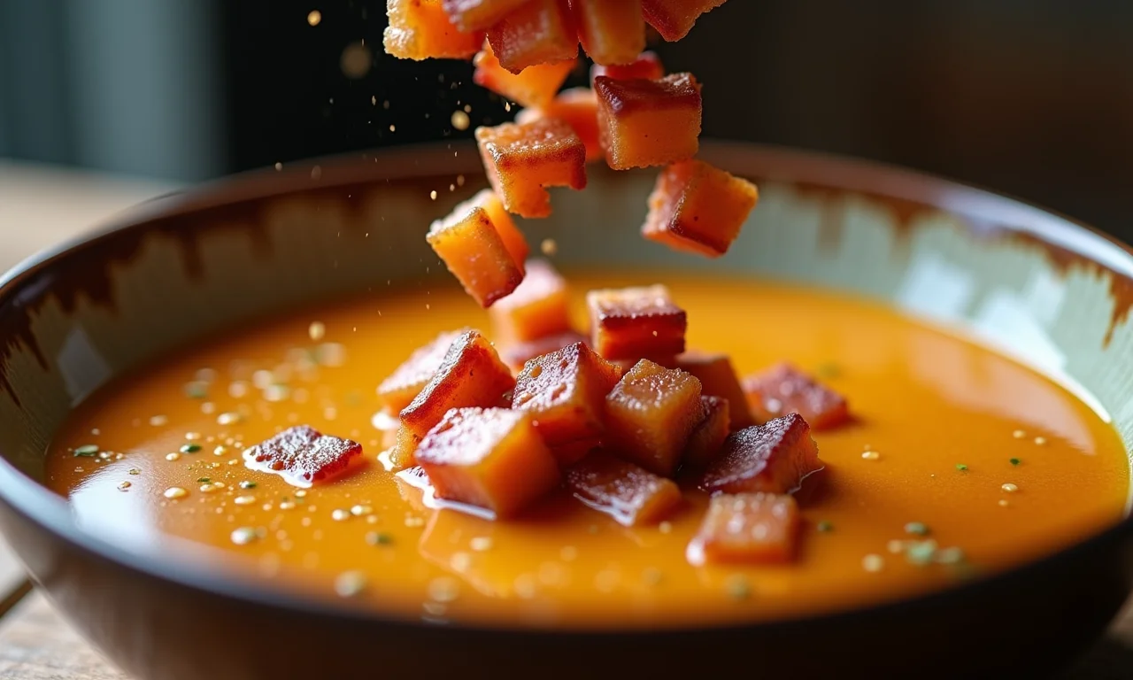 Cubos de bacon crocante sendo adicionados a um caldinho de feijão.