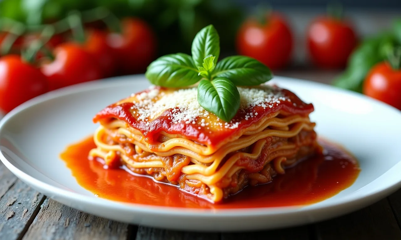 Decoração criativa com tomates cereja na lasanha.