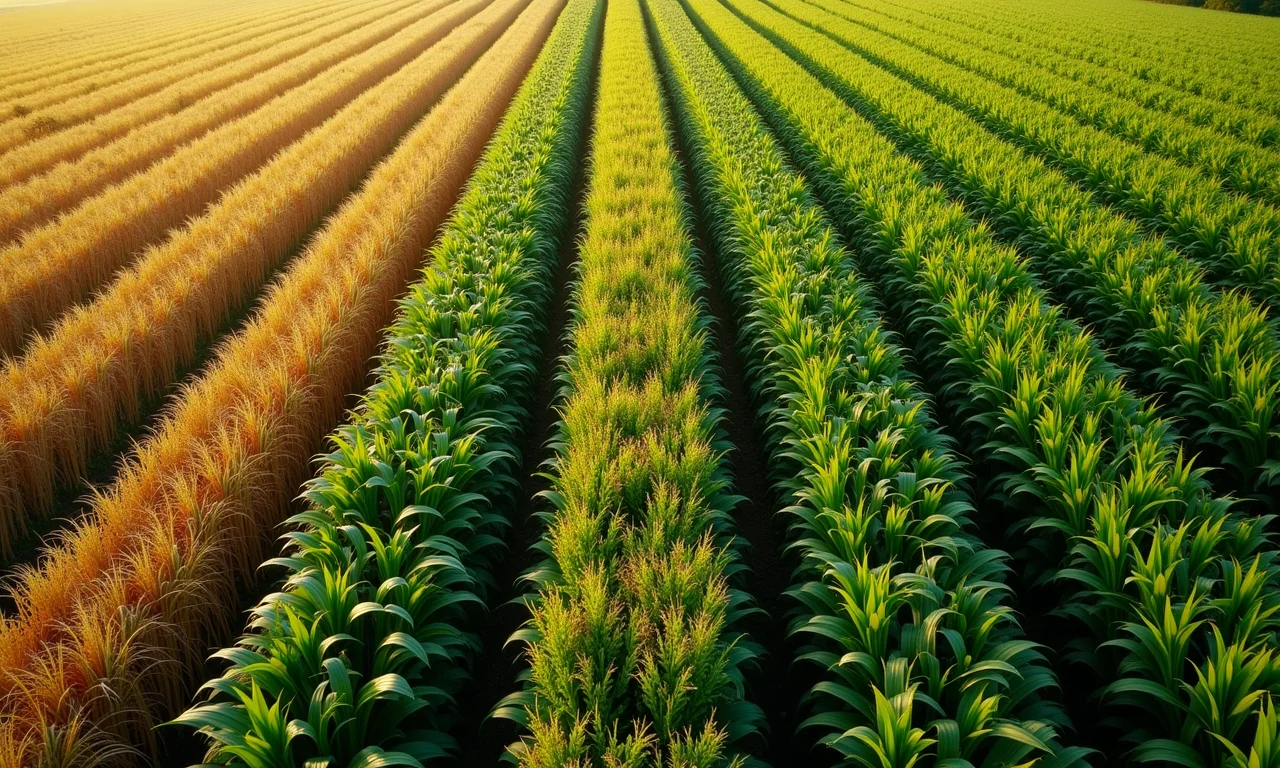 Demonstração visual de rotação de culturas com painço, soja e milho em fazenda brasileira.