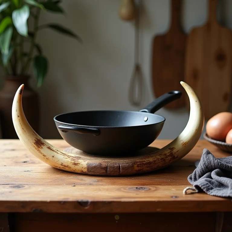 Descanso de panela feito com chifre de boi em mesa de madeira rústica