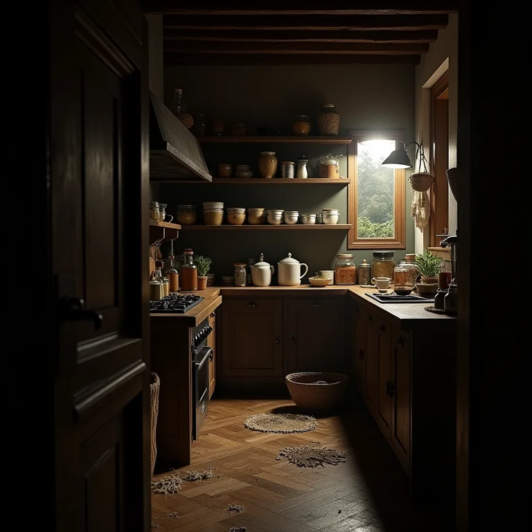 Despensa mal iluminada e desorganizada.