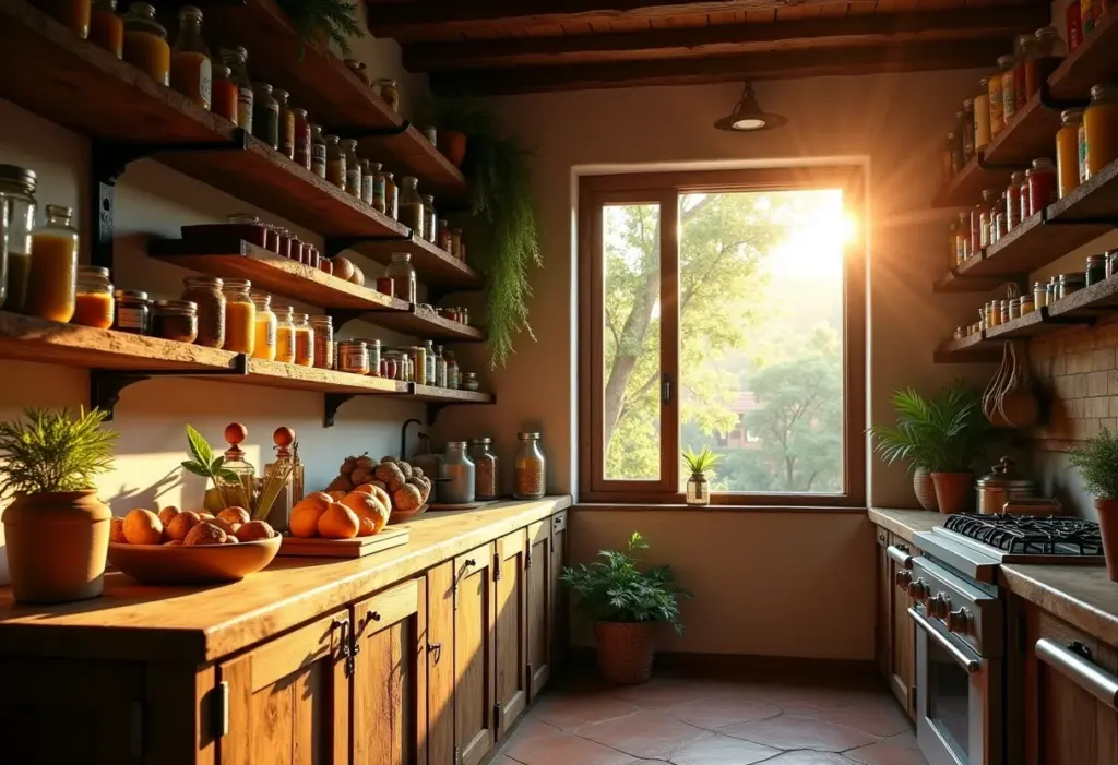 Despensa rústica organizada com alimentos frescos e potes de vidro.