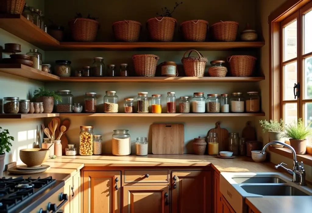 Despensa rústica organizada com elementos coloniais.