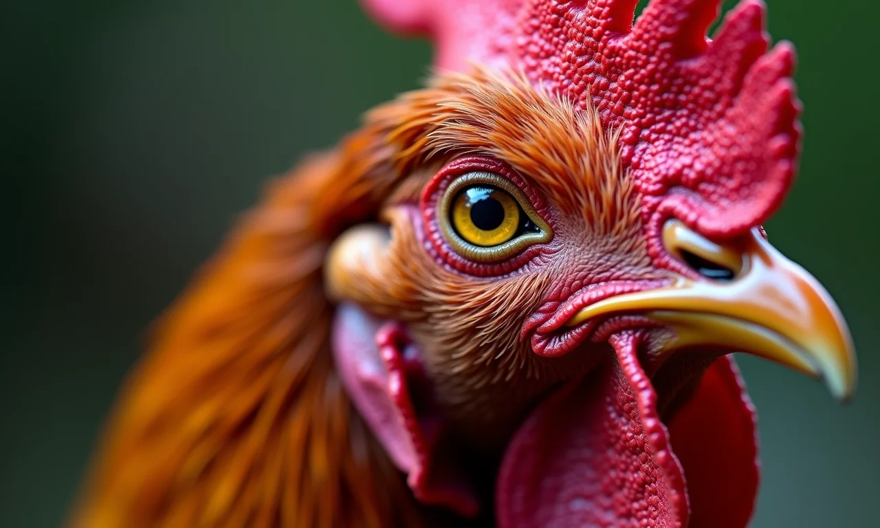 Detalhe da cabeça de um galo, mostrando o olho e a crista.