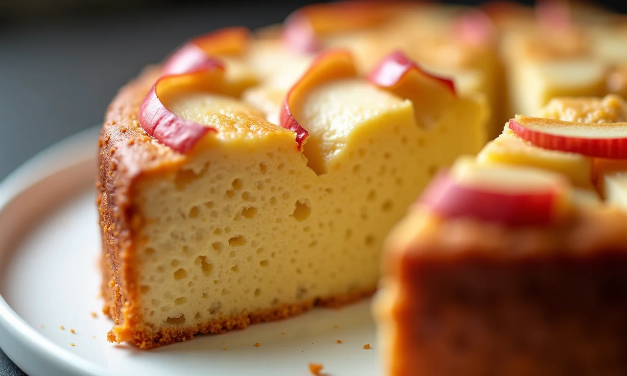 Detalhe da fatia de bolo mostrando as fibras da maçã com casca.