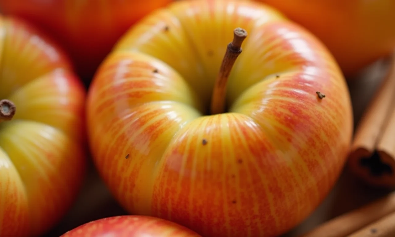 Detalhe da textura macia e da casca caramelizada da maçã assada.
