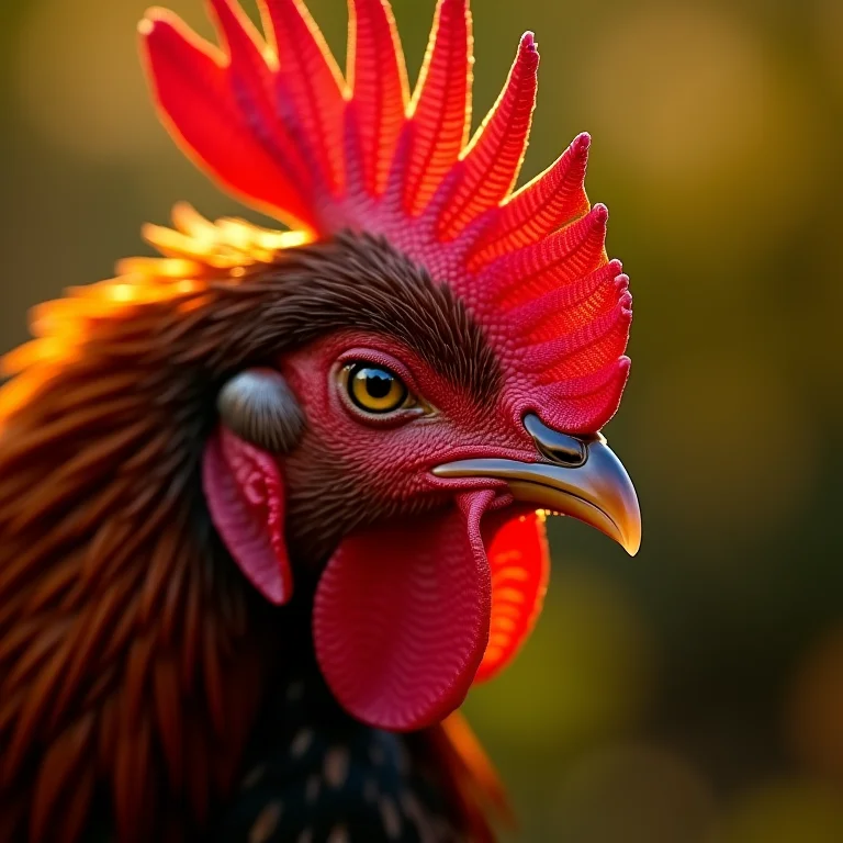 Detalhe das penas coloridas de uma galinha ornamental.