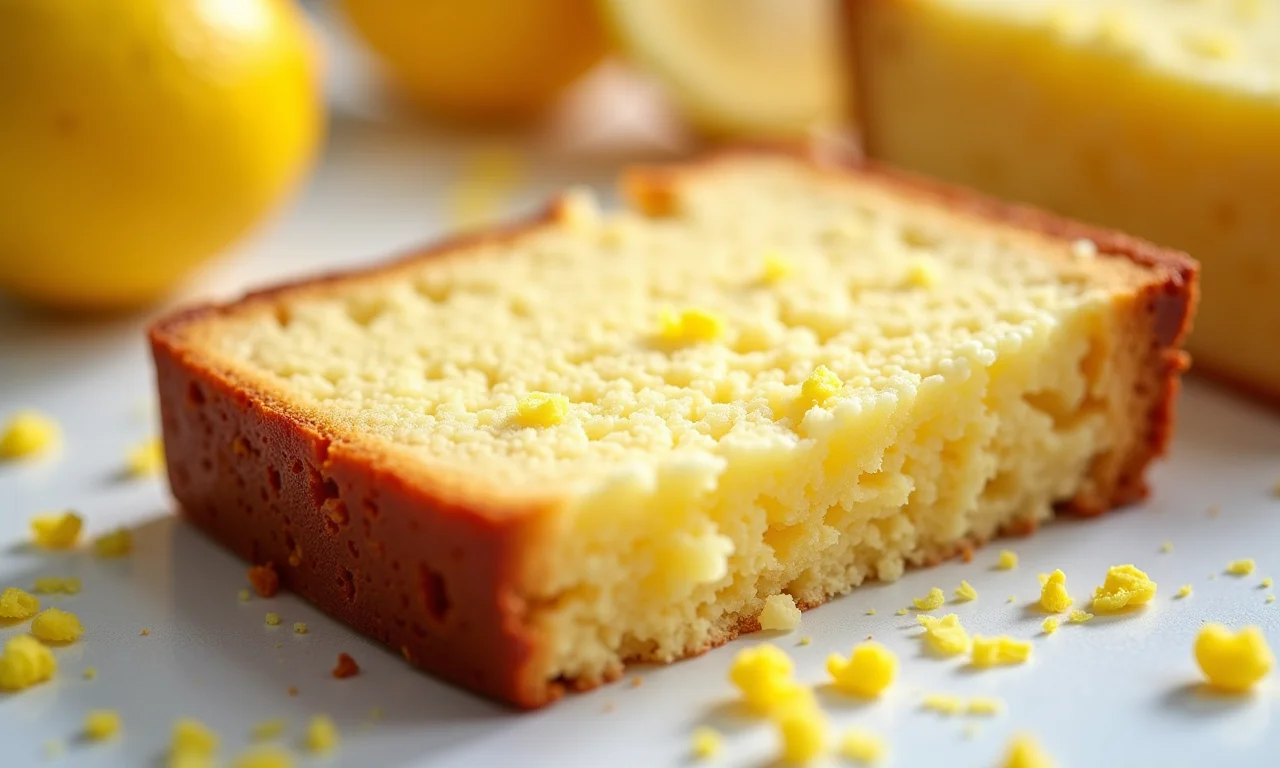 Detalhe de um bolo de limão fatiado.