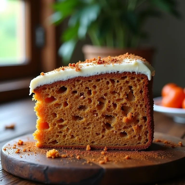 Detalhe de uma fatia perfeita de Bolo de Cenoura, revelando sua umidade e especiarias.