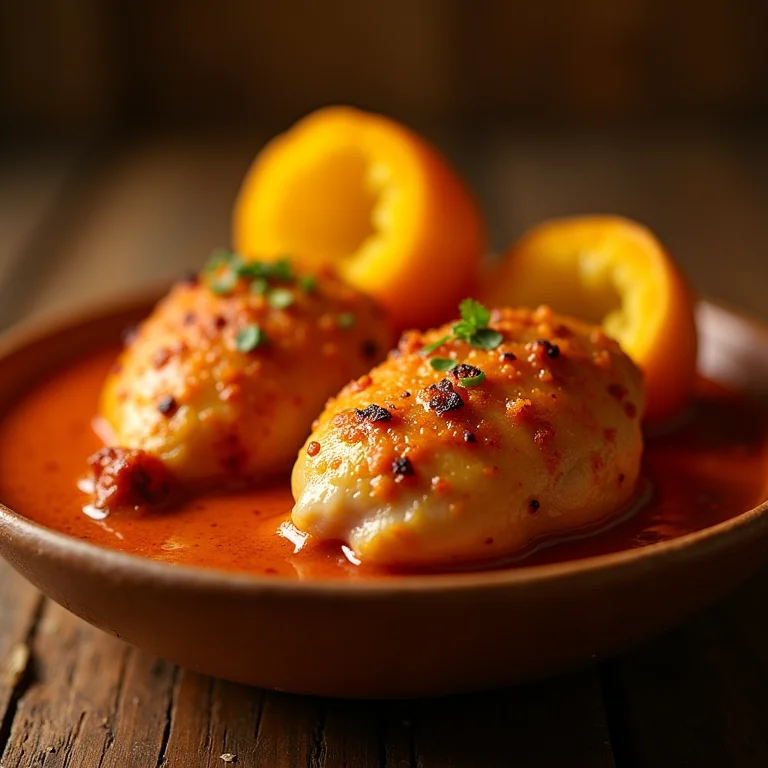 Detalhe do frango com pequi, mostrando a cor vibrante do fruto.