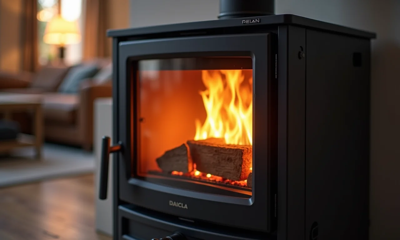 Detalhe do painel digital de um fogão a lenha eficiente.