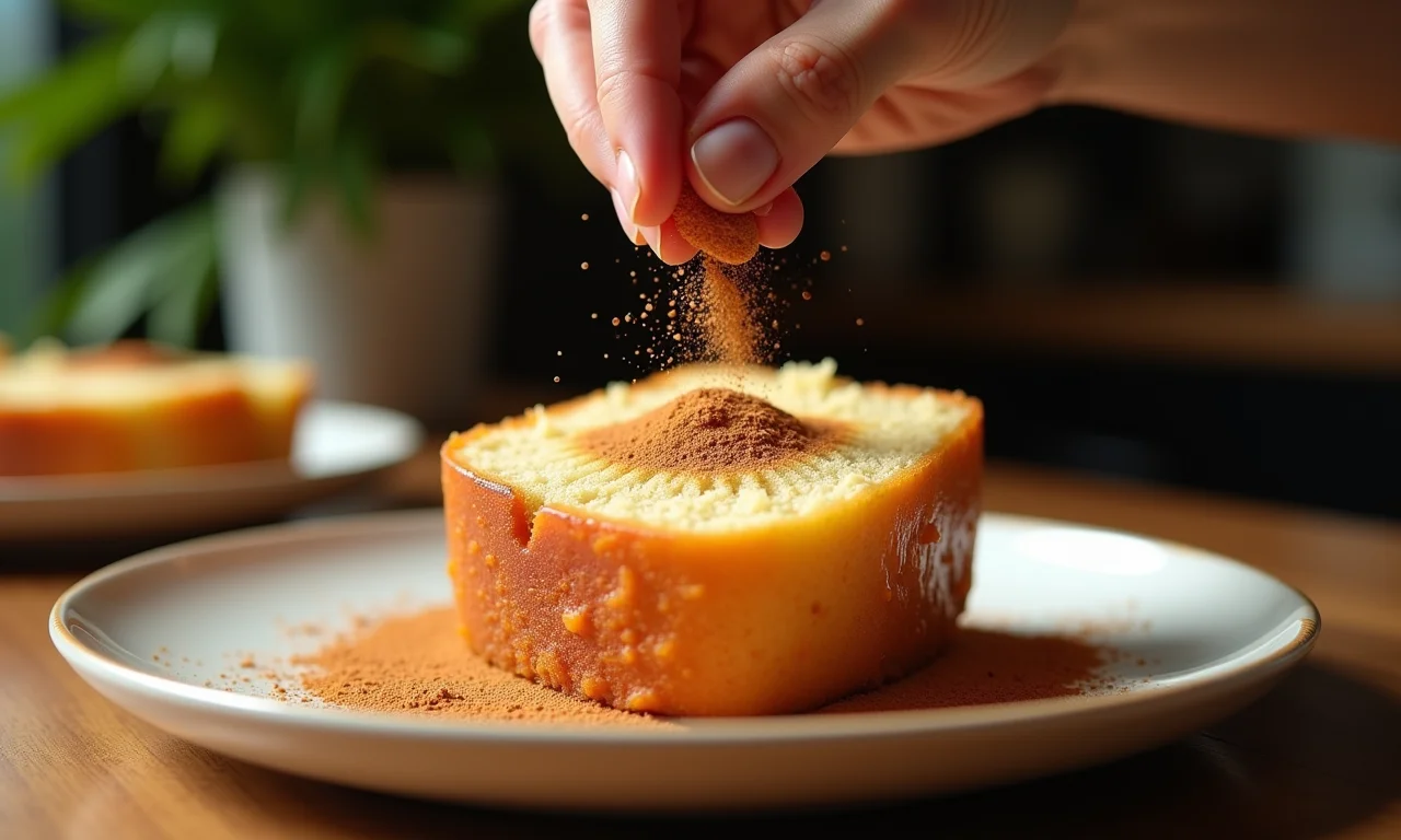 Dica da autora: canela polvilhada sobre fatia de Bolo de Milho Pamonha.