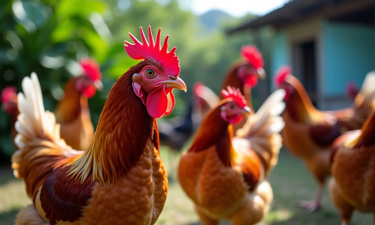 Diferentes raças de galinhas poedeiras em quintal brasileiro.