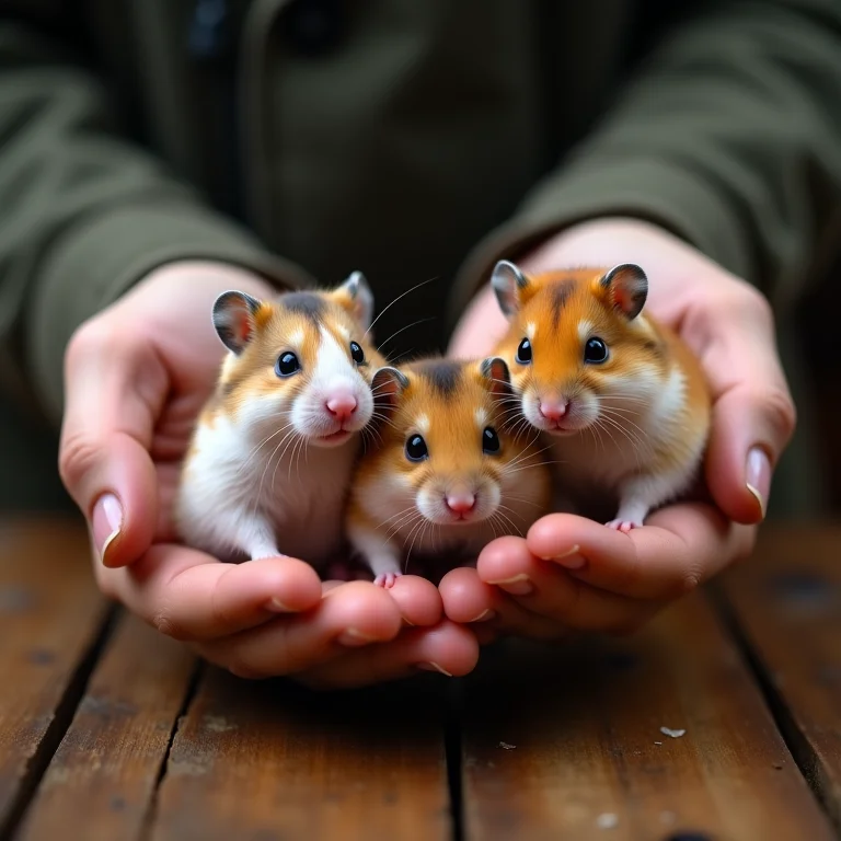 Diferentes raças de hamsters sendo seguradas por uma pessoa.