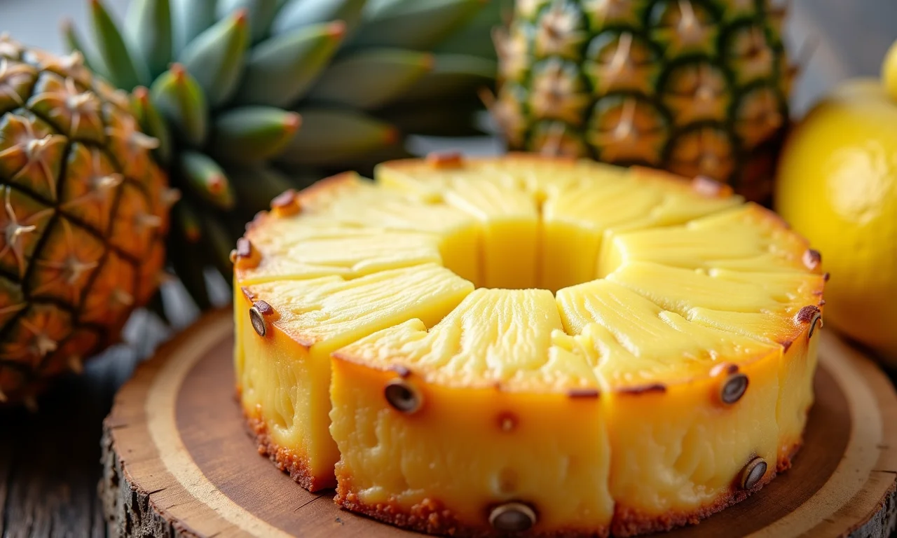 Diferentes tipos de abacaxi ao lado do bolo de casca.