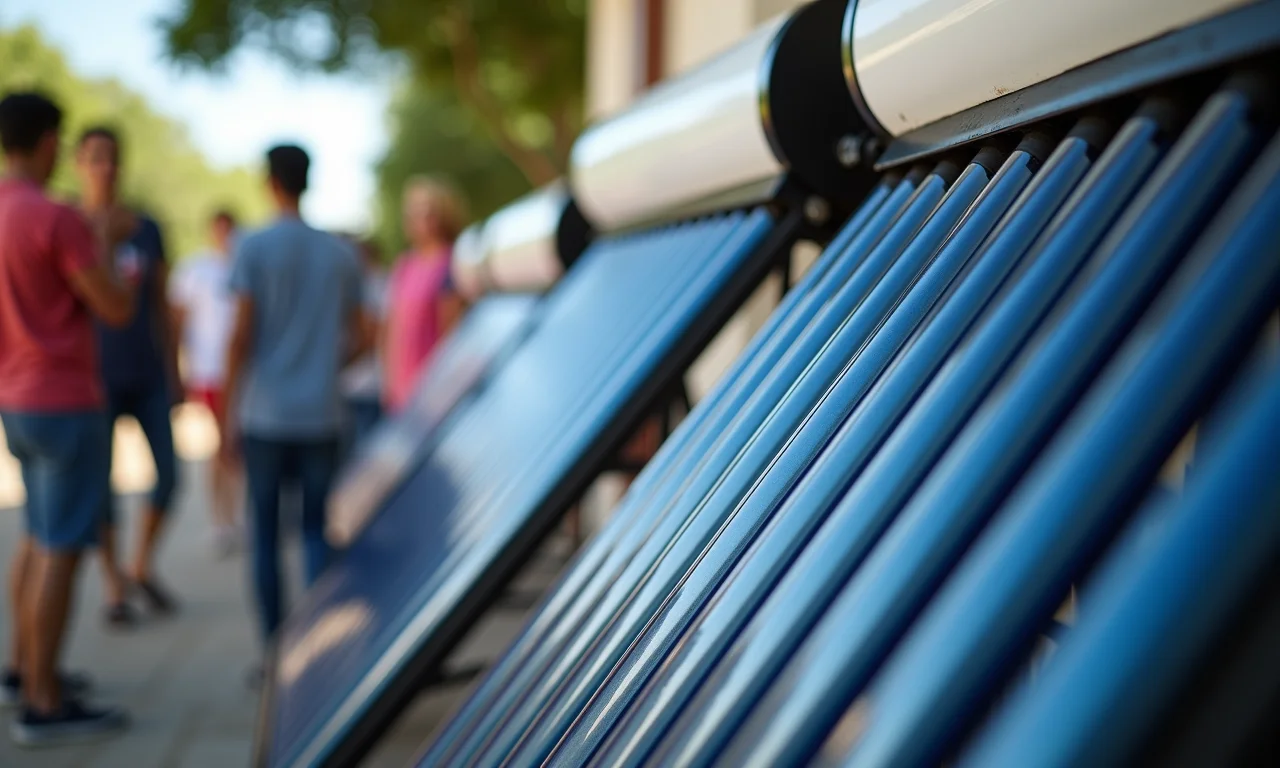 Diferentes tipos de aquecedores solares expostos em feira de sustentabilidade no Brasil.