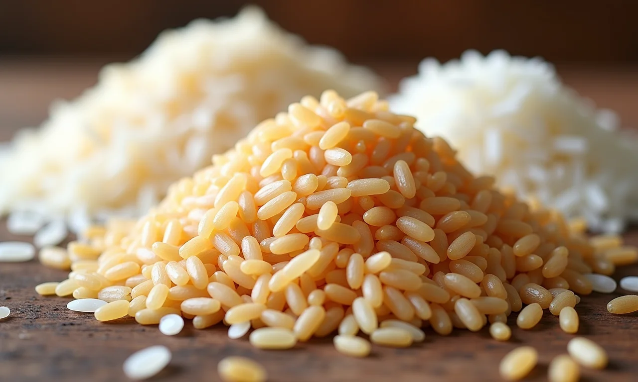 Diferentes tipos de arroz: parboilizado e integral.